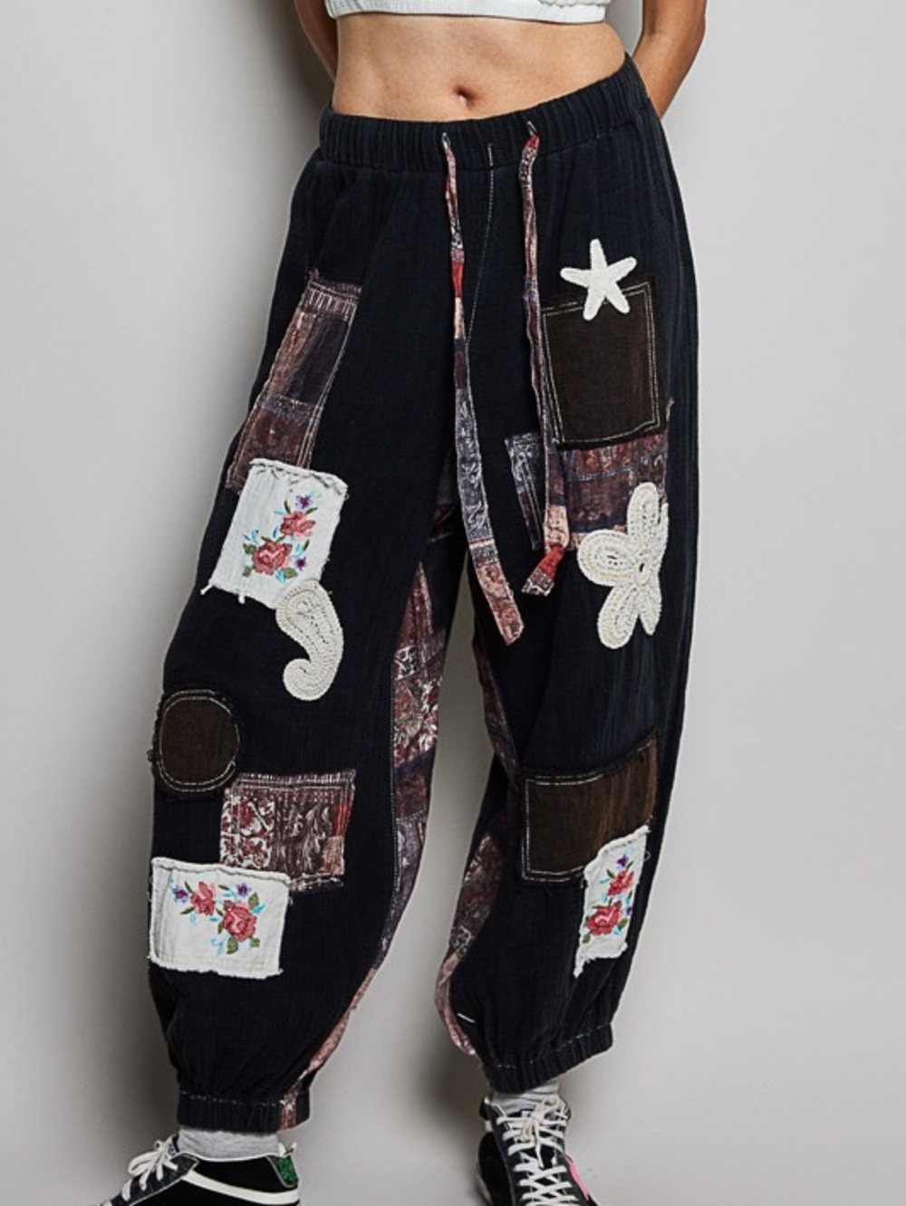 POL NWT Pants Joggers Black Patched Crochet Gauze Size Small - Large